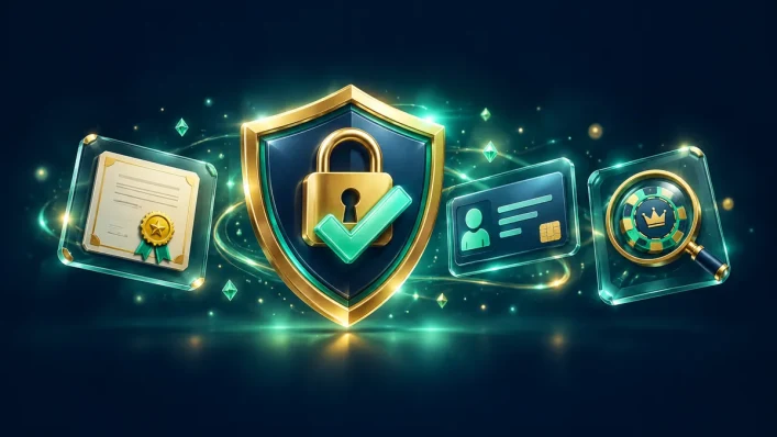 Een veilig casino herkennen: schild met slot, vergunning, identiteitscontrole en controle van het casino