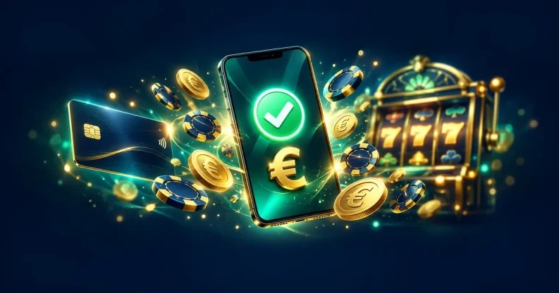 Sofort casino betalingen: smartphone met betaalbevestiging, gouden munten en een gokkast